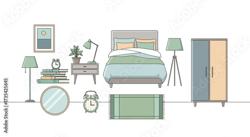 Minimalist Bedroom Furniture & Decor Set. Flat Design Home Interior Elements for Modern Living Space.