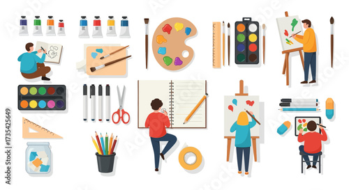 Art Supplies and Creative Hobbies Vector Illustration Set with People Drawing, Painting, and Crafting