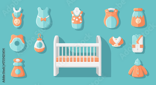 Flat design baby essentials set. Nursery items with crib, bibs, bottle, and clothes on a teal background illustration.