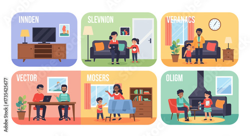 Diverse Family Home Life Scenes Set. Cartoon illustrations of people working, relaxing, and doing daily routines in various interior settings.