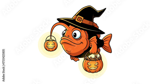 Anglerfish in Halloween mood: An orange anglerfish, decked out in a witch's hat, playfully navigates the spirit of Halloween while holding a pumpkin-shaped lantern, inviting viewers into a whimsical.