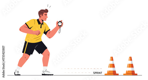 Athletic trainer using stopwatch during sprint practice session with cones illustration fitness activity timing athletic training coach supervising