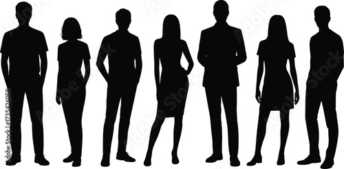 Silhouettes of people, diverse posture, casual clothing, gender mix human form, minimal style, abstract design, artistic concept, visual identity, creative composition