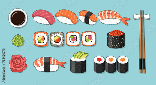 Japanese Sushi Set Illustration. Assorted Nigiri, Maki Rolls, Gunkan, Soy Sauce, Wasabi, Ginger, Chopsticks. Asian Food