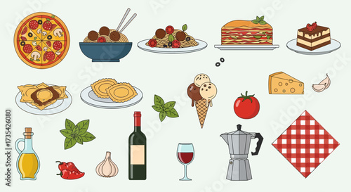 Italian Food & Drink Icons: Pizza, Pasta, Tiramisu, Wine, Coffee, Ingredients. Flat Vector Illustration Set.