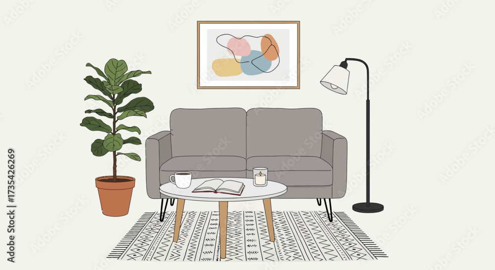Fototapeta premium Minimalist Living Room Interior Illustration. Cozy Home Decor with Sofa, Plant, Coffee Table, and Abstract Art.