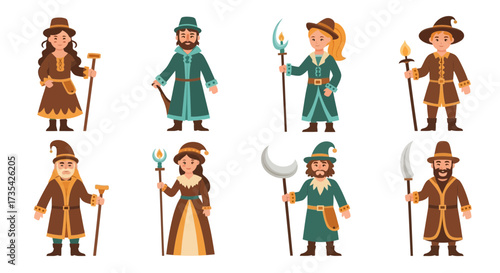 Fantasy Medieval Cartoon Characters. Diverse Avatars with Staffs and Weapons for RPG, Games, or Storytelling.