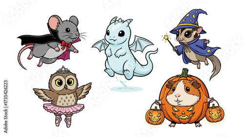 Cute Halloween Characters: A charming cartoon collection of whimsical creatures, including a mouse in a cape, a baby dragon, a sugar glider wizard, an owl ballerina, and a guinea pig pumpkin.