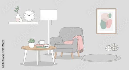 Minimalist Cozy Living Room Interior Illustration with Armchair, Coffee Table, and Pastel Decor