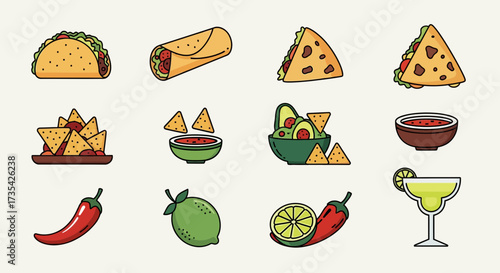 Vibrant Mexican Food and Drink Icons Collection: Tacos, Burritos, Nachos, Salsa, Guacamole, Chili, Lime, Margarita