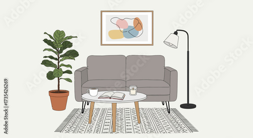 Minimalist Living Room Interior Illustration. Cozy Home Decor with Sofa, Plant, Coffee Table, and Abstract Art.