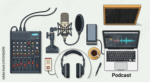 Podcast Studio Equipment Flat Lay with Microphone, Mixer, Laptop, and Accessories for Audio Production