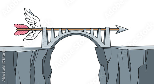 Arrow with wings flying over a bridge connecting two cliffs, Generative AI.