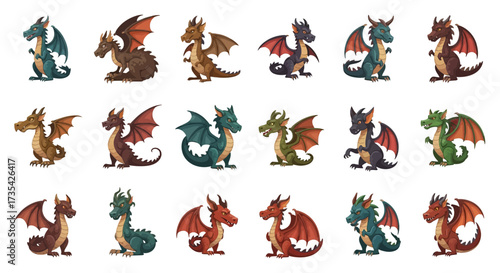 Cute Cartoon Baby Dragons Collection. Diverse Fantasy Mythical Creatures Set Isolated on White Background Vector.
