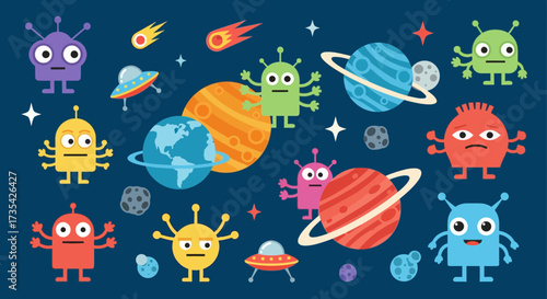 Cute Cartoon Aliens, Planets, UFOs, and Stars in Space Illustration Set