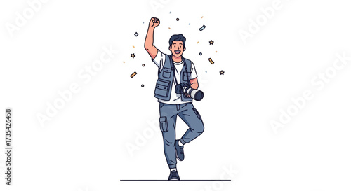 Triumphant Photographer Celebrating a Successful Photoshoot Amidst Falling Confetti and Glittering Stars, Full of Pride and Joy