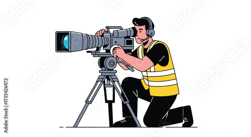 Cartoon depiction of a dedicated camera operator expertly filming with professional equipment on a white backdrop
