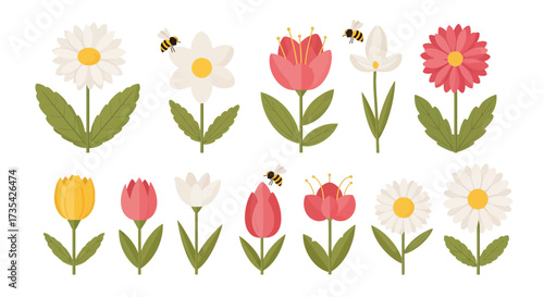 Cute Spring Flowers and Bees Vector Illustration Set. Flat Design Botanical Garden Elements.