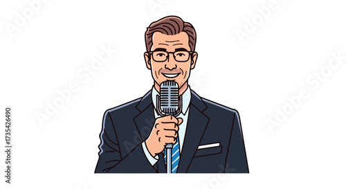 Cartoon illustration of a man in a suit holding a vintage microphone ready to speak confidently and professionally at an event