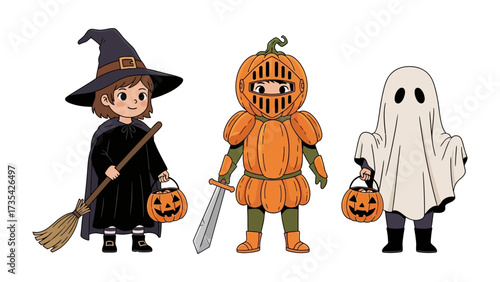 Spooky Halloween Characters: A collection of whimsical, costumed figures embody the spirit of Halloween. An illustrated ensemble designed to evoke the eerie, enchanting atmosphere of the holiday
