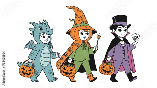 Trick-or-Treat Trio: A playful illustration of three costumed children, each with unique Halloween attire, walking with their pumpkin baskets ready for trick-or-treating.