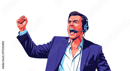 Triumph Illustration of a Professional Announcer Displaying Passion and Excitement on Air Broadcast Radiating with Energetic Presentation