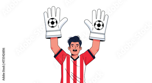 Soccer goalkeeper celebrating a victory with oversized gloves and a triumphant expression raises both arms to celebrate