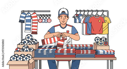 Enthusiastic vendor arranging soccer merchandise for fervent fans at a lively sporting event vendor stand