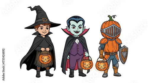 Halloween Costumes Illustration: A cheerful illustration of children in their Halloween costumes, each holding a jack-o'-lantern bucket, showcasing the spirit of the holiday.