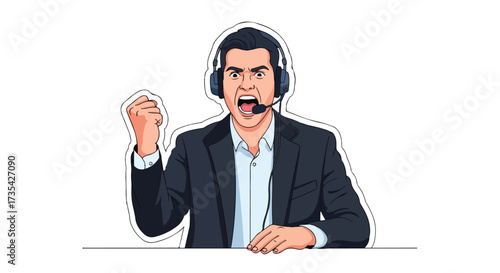 Enthusiastic esports commentator celebrating a victory with headset on expressive man reacting with fist pump success broadcast presenter