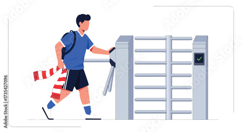 Enthusiastic soccer fan entering stadium through turnstile, showcasing stadium access security and fan attendance, sporting a scarf with visible