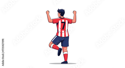 Triumphant football athlete celebrating victory with arms raised on field exhibiting zeal and excitement after securing a triumphant winning goal