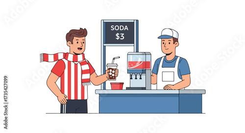 Soda Stand Scene Depicting Customer Purchasing Drink with Attendant Serving in a Cheerful and Bright Aesthetic