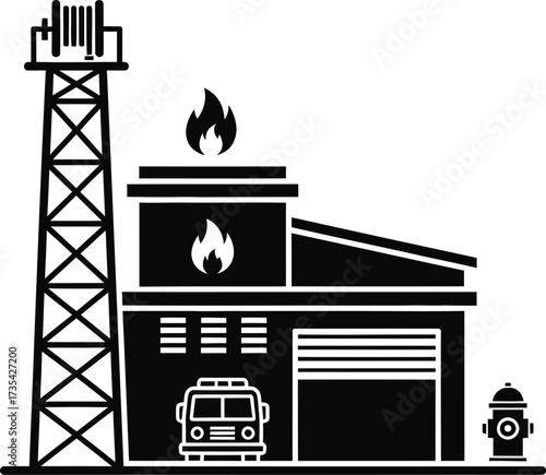 Fire station with truck and hydrant illustration