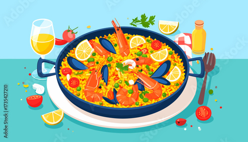 Delicious seafood paella with fresh ingredients.