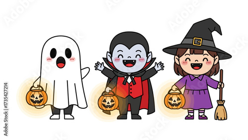 Halloween's Delightful Trio: A charming trio of Halloween characters, a friendly ghost, a joyful vampire, and a cheerful witch, all dressed in costumes and holding lanterns, are full of fun.