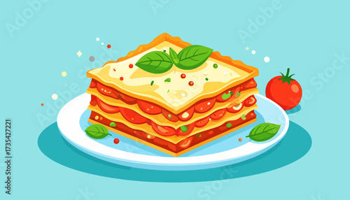 Delicious Italian Lasagna Slice Illustration with Basil and Tomato on Plate