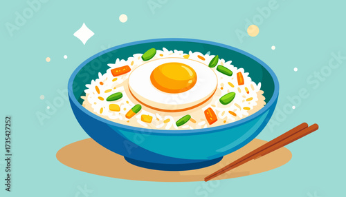 Delicious Cartoon Fried Rice Bowl with Sunny-Side Up Egg and Chopsticks. Asian Cuisine Illustration