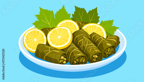 Delicious Dolma (Stuffed Grape Leaves) with Lemon Slices on a Plate. Traditional Mediterranean and Middle Eastern Cuisine Illustration.