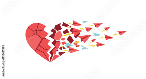 Broken Heart Dissolving into Paper Airplanes Symbolizing Loss and Freedom, Generative AI.