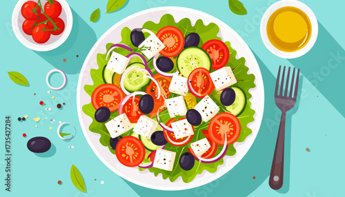 Vibrant Greek Salad Illustration. Fresh Mediterranean Dish with Feta, Olives, Tomatoes, Cucumber & Onion. Healthy Food Flat Lay