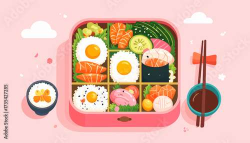 Japanese Bento Box illustration featuring sushi, rice, salmon, and eggs. Cute healthy lunch meal on a pink background with chopsticks.
