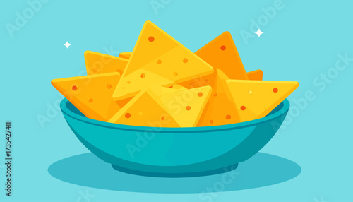 Crispy Tortilla Chips in Teal Bowl - Flat Vector Illustration