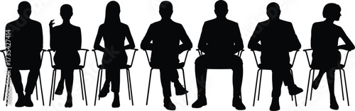 Silhouettes of seated people on chairs, diverse postures, modern design, body language, social interaction, minimal background, black figures, artistic composition, human behavior, group dynamics