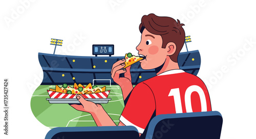 Enthusiastic fan devouring snack while watching soccer match in stadium anticipation and excitement filling the atmosphere within sports culture