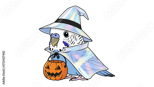 Spooky Parrot in Halloween costume: An adorable parrot dons a charming witch hat and cloak while carrying a carved pumpkin, embodying the playful spirit of Halloween.