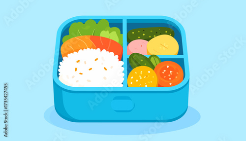 Healthy Bento Box Lunch Illustration. Colorful Japanese meal with rice, fish, and vegetables in a blue lunchbox.