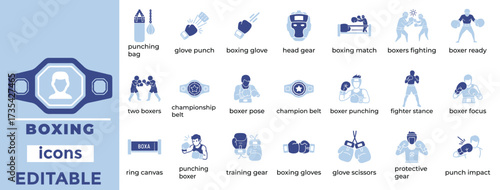 Modern boxing vector icons for sports, fitness, and martial arts designs with clean, minimal, editable style.