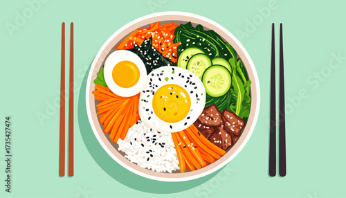 Vibrant Korean Bibimbap bowl with fried egg, fresh vegetables, and rice, served with chopsticks. Traditional Asian food illustration.