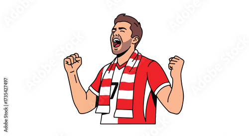 Illustrated soccer enthusiast celebrates victoriously, adorned with team scarf, showcasing passionate loyalty and fervent support in a dynamic pose